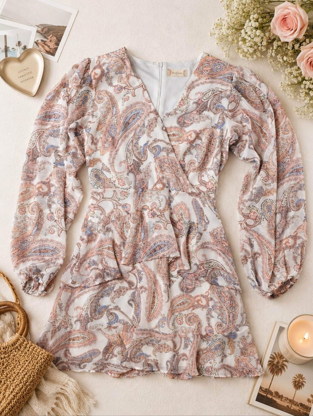 Altar'd State White Paisley Wrap Mini Dress with Blue and Tan Accents